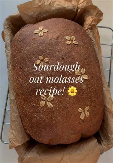 Oat molasses sandwich loaf (or 12 rolls) recipe: 70g Oats – Old fashioned 30g Butter 10g Salt 220g Boiling water 500g Bread flour 100g Sourdough starter at peak 2 Eggs 60g Molasses 30g Honey (can substitute sugar) 1. Add oats, butter, and salt to a heat-safe bowl. Boil water, pour over oats, stir, and let sit 30 minutes to cool and hydrate. 2. Stir in molasses, honey, eggs, and active sourdough starter. Add flour and mix until no dry bits remain, using hands if needed. Scrape bowl, cover, and re
