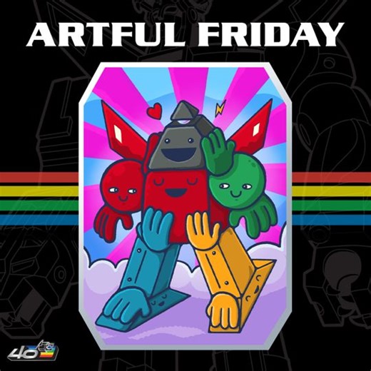 Watch Voltron take shape! Continuing our look at The Second Official Voltron Art Show exhibits, we have this positively pleasant geometric take on the mighty robot by Shawn Smith. File this under “we don’t know art, but we know what we like.” We adore this piece. It screams (or maybe excitedly shouts) good vibes. Most impressive is that, despite the lack of any lions parts or familiar elements, it’s unmistakably Voltron. The colors do most of the heavy lifting, with the wings giving just enough 