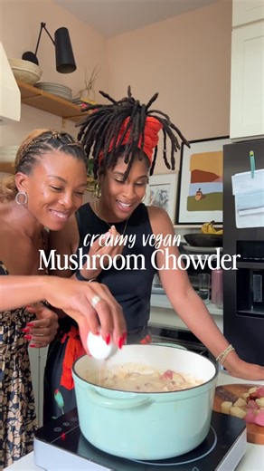 Jenné Claiborne on Instagram: "Craving a bowl of this Vegan Mushroom Chowder (aka Seaside Stew) on this freezing cold day ❄️ Whitney @eatplantsprosper and I had so much fun cooking together. When I first met her in person for my podcast, I knew right away that she was a real one 🤗 Smart, spiritual, courageous, and kind 💗 Listen to Whitney’s episode on my podcast, Don’t Say Vegan, wherever you get your podcasts. And check out the recipe on page 138 of my cookbook Vegan Vibes! #ve
