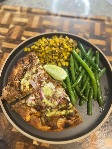 Pulled Pork Pizza! Ingredients: Leftover Pulled Pork - Approx 4c Stonefree Pizza Crust Kinder’s Hickory Brown Sugar BBQ Sauce Red Onion Mexican Blend Cheese Creamy Salsa Verde Sauce Cotija Cheese Green Beans Butter - 2tbsp Salt Pepper Garlic Blend Italian Seasoning Worcestershire Fire Roasted Corn Butter - 2tbsp Chile Lime Seasoning Cotija Cheese Lime Juice Directions: 1. This is optional but I like to pre-bake the crust for a few mins to make sure it stays crispy. I just usually throw them in a