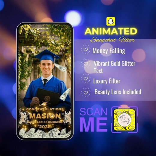 Animated Luxury Graduation Snapchat Filter, Money Falling Custom Lens, Gold Class of 2026 Bachelor Filter, Champagne AR Lens - Etsy