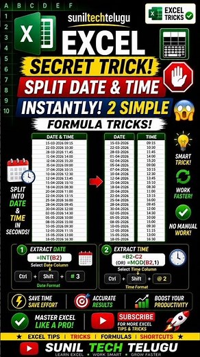 Split Date & Time in Excel Instantly! 🤯 2 Simple Formula Tricks ⚡
