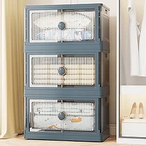 VOWNER Large Stackable Storage Bins with Lids, 100Gal Collapsible Plastic Storage Boxes with Wheels and Door, 3 Pack Closet Organizers and Storage Containers, for Home Office, Dark Gray