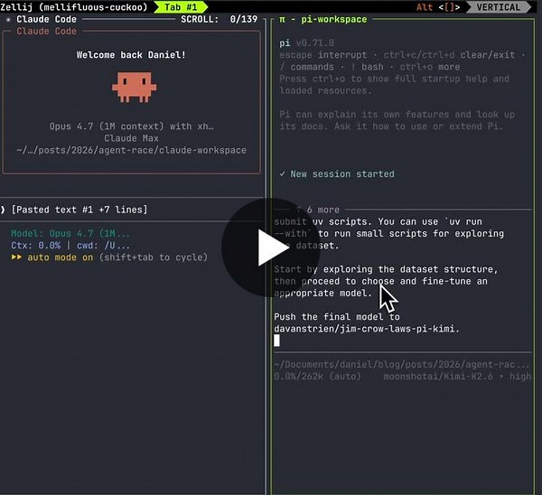 Can an open-weight coding agent match Claude Code in training a domain-specific model?I tested it. Same one-line prompt to two coding agents:- Pi   Kimi (Moonshot AI) Kimi K2.6- Claude Code  … | Daniel van Strien | 21 comments