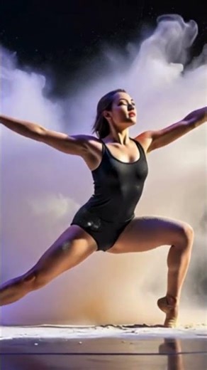 A dancer in a black leotard performing a dramatic pose with flour dust exploding around her, frozen