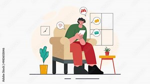 Animated Vector Illustration of Internet Addiction Featuring Young People Addicted to Using Devices Like Laptops and Smartphones