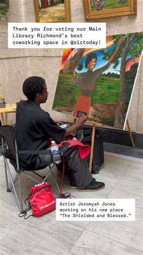 6.4K views · 217 reactions | Thank you for voting our Main Library Richmond’s best coworking location in RIC Today. This afternoon, artist Jeromyah Jones chose to work on his piece “The Shielded and Blessed” in our 1930 Foyer. We’re honored to provide the space for his work. #supportthearts | Richmond Public Library | Facebook