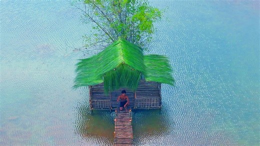Building a floating lake hut with natural materials | Primitive DIY bushcraft project