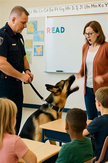 A police dog interrupts a school visit and reveals an unexpected secret in front of the entire class 😱 In a sunlit classroom, the students were eagerly awaiting the special visit of the day. Their teacher, always eager to nurture their curiosity, had organized a meeting with a police officer and his service dog. When the officer entered, holding the leash of a large German Shepherd named Ralf, every gaze turned toward him. The children, fascinated, leaned over their desks, their eyes shining wi