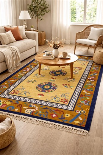 Handmade Tibetan Wool Rug – Chobi / Chaye Style Yellow Area Rug, Traditional Handwoven Carpet - Etsy