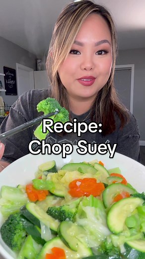Is this chop suey or something else to you? Lmk! 🥦🥒🥕 ➡️ Recipe: Chop Suey Serves 3-4 - [ ] 3 cups cabbage, cut into large pieces - [ ] 1 head of broccoli, cut into bite sized pieces - [ ] 1 medium zucchini, cut into 1/4in thick pieces - [ ] 1 medium carrots, sliced into 1/8in slices - [ ] 5-6 cloves garlic, finely minced - [ ] 1 tbsp Cooking oil, I use avocado oil Sauce— - [ ] 3/4 cup water or low-sodium chicken broth - [ ] 1 1/2 tsp chicken bouillon - [ ] 1 tsp kosher salt - [ ] 1 tsp sugar 