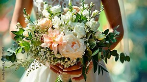 Beautiful wedding bouquet display with soft pastel flowers and greenery at a sunny outdoor ceremony