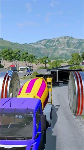 triple Flatbed Trailer McQueen Transport | Truck Speedbumps vs Cars vs Train – BeamNG Drive #37