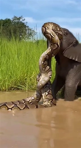 An elephant was caught by a large python.