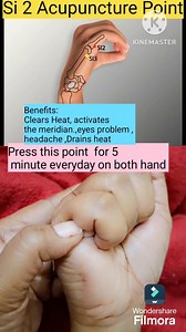 Si 2 Acupuncture Point Location: When a loose fist is made, the point is on the ulnar aspect of the hand, distal to the 5th metacarpophalangeal joint, at the end of the transverse crease of the metacarpophalangeal joint, at the junction of the red and white skin. Si 2 Acupuncture Point Indications: Numbness of the fingers Fever, headache, tinnitus Scanty, dark urine #followerseveryonehighlights #fbreelsfypシ゚viralシ #everyoneシ゚ #fyviralシ #reelsvideoシ #highlightseveryonefollowers20224 #fypシviralシ20
