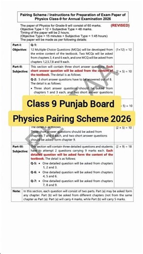 Class 9 Physics Paper Pairing Scheme 2026 Punjab Board / pectaa / 9 class revised smart syllabus