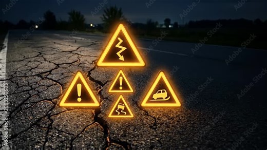 Cracked road surface glowing warning signs indicate danger slippery uneven surface night caution alert tense atmosphere for drivers on asphalt pavement creating urgent safety symbol