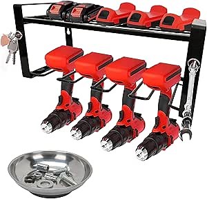 Power Tool Organizer Wall Mount w/ Magnetic Bowl & Magnetic Hooks | Drill Holder Wall Mount | Cordless Tool Organizer | Power Tool Rack | Drill Organizer Wall Mount | Power Tool Wall Organizer