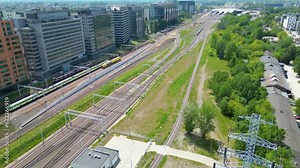 Aerial railway station. International and domestic trains does arrival and departure from here. Train platform aerial view.