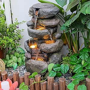 Garden Outdoor Fountains 4-Tier Rock Outdoor Water Fountain with Lights, 28.35" Waterfall Fountain for Garden, Patio, Yard, and Lawn, Natural Stone Look Water Features Outdoor Patio