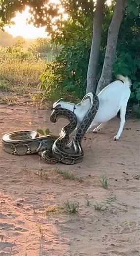 Jungle edge scene goat grazing near trees python