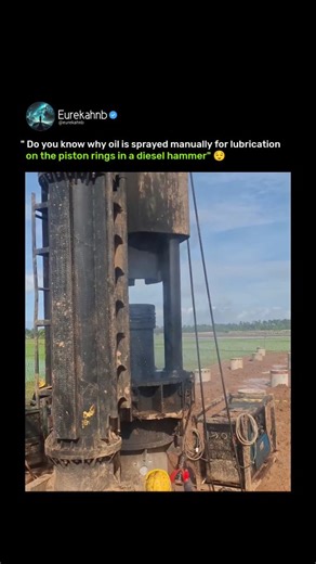 Eureka HN B 0 on Instagram: "How it Works : A diesel pile hammer works like a large two-stroke engine: the heavy piston (ram) is lifted and released to fall, compressing air and injected diesel fuel. This ignites, exploding to drive the pile downward while lifting the piston for the next cycle. In diesel pile hammers, oil is manually sprayed or poured onto the piston and rings to lubricate the cylinder walls, reduce friction and wear, maintain compression, and prevent seizure. This is essential 