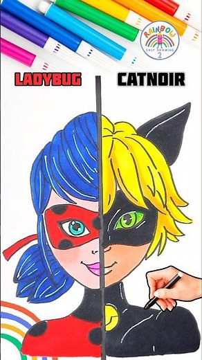 Draw Miraculous Easy Tutorial | Draw Ladybug Girl and Cat Noir Easy 🌈👸🏼#miraculous #drawing #short