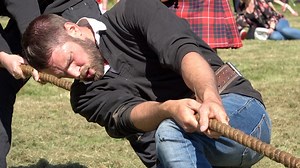 Tug o' War contest between Moffat Builders Tug O War Team and StrathDee Tug o War Team during the 2022 Drumtochty Highland Games. These were held in the grounds of Drumtochty Castle at Auchenblae in Aberdeenshire, Scotland. A wonderful, friendly Games with all the traditional athletic and heavy events, plus displays by the pipe bands. StrathDee Tug of War team was formed in May 2017 and their members came from the "Kindred Gathering" Highland Games areas of Aboyne, Ballater, Braemar and Lonach. 