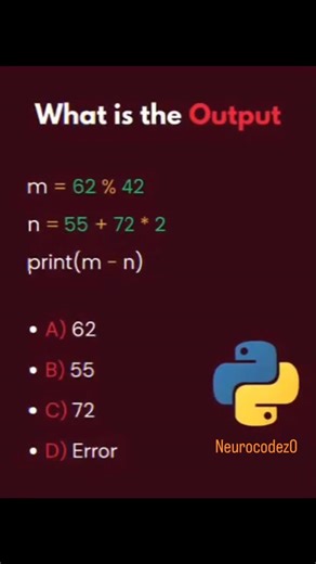 Shobhit Kumar on Instagram: "⚡Daily Python Challenge⚡ Comment your answer now ⬇️ — fastest coder gets pinned 🏆 Ready to level up your coding game? 🚀 “Brands: DM ‘Promo’ for collaboration” Follow @neurocodez0 #neurocodez0 #PythonCoding #PythonProgramming #LearnPython #DailyPython #CodeChallenge #PythonMCQ #PythonDeveloper #PythonForBeginners #CodeDaily #100DaysOfCode #programminglife #CodingQuiz"