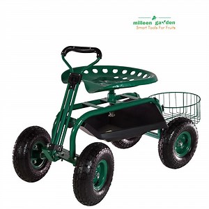 [Hot Item] Garden Cart Rolling Scooter Features Extendable Steer Handle Swivel Seat and Utility Tool Tray Coated Steel Garden Cart