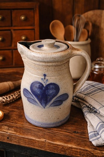 Rowe Pottery Works Pitcher 1991 8" Salt Glaze Stoneware Lidded Jug Primitive Farmhouse Decor Cobalt Blue Heart