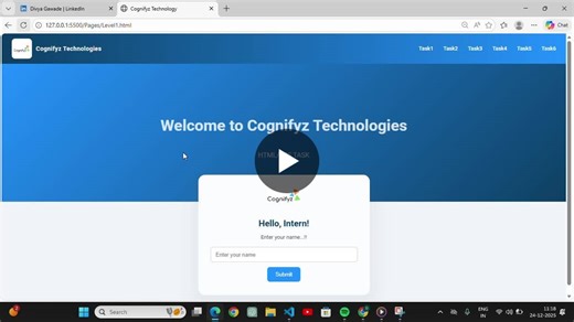 #cognifyztechnologies #internshipexperience #frontenddevelopment #webdevelopment #level1 #level2 #level3 #html #css #javascript #github | Divya Gawade