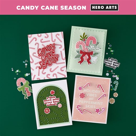 Step into a sweetly festive world this holiday season with Hero Arts’ Candy Cane Season Collection. Bursting with peppermint charm, this collection features playful candy cane designs, coordinating patterns, and cheerful sentiments—perfect for crafting cards, tags, and gift toppers with a minty twist. 🎄 What’s Included 🍬 Candy Cane Season Etched Dies – A layered die set featuring the phrase “Candy Cane Season” in script and shadow for bold, dimensional titles. 🎁 A Little Merri‑Mint Stamp & Cu
