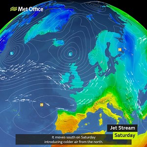 18K views · 179 reactions | The jet stream will play a big part in the UK weather this weekend. It's movement will have a significant and very noticeable influence. As it moves south over the next 24 hours, cooler more unsettled conditions will prevail. However, as it then returns north, high pressure will build from the south, bringing sunny weather for many on Sunday and Monday. | Met Office | Facebook