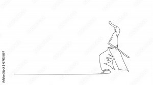 Animation of one line drawing of young Japanese samurai warrior holding katana sword practicing at dojo center. Combative martial art concept. Continuous line self draw animated. Full length motion.