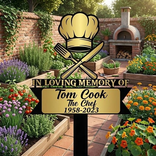 In Loving Memory of Tom Cook The Chef, Custom Memorial Metal Sign, Personalized Cooking Tribute Gift, Chef Memorial for Garden or Kitchen