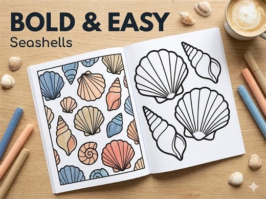 Bold and Easy Coloring Book, Seashell Coloring Pages, Simple Thick Lines for Adults, Minimalist Ocean Art, Relaxing PDF A4, Transparent PNG - Etsy