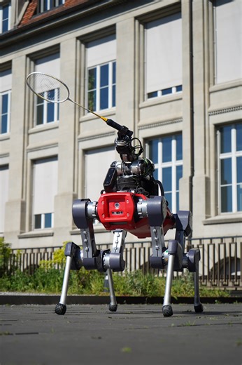 Four-legged robot plays badminton with humans