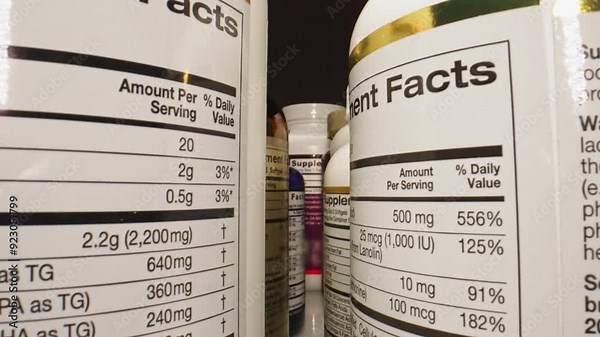 Scrolling Through Various Dietary Supplement Bottles With Labels. View of Multiple Dietary Supplement Bottles With Varying Label Information and Ingredient Details, Showcasing the Diversity in
