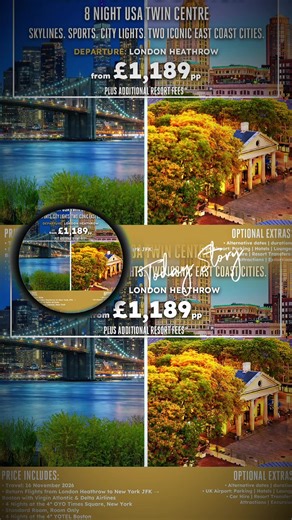 🗽 New York & Boston Twin Centre from £1,189pp Skylines. Sports. City lights. Two iconic East Coast cities in one unforgettable trip. Experience the bright lights of NYC and the historic charm of Boston on this exciting 8-night USA escape. From Times Square to the Freedom Trail, this twin-centre break blends world-famous landmarks with classic American culture. 📅 16 November 2026 ✈️ Return flights from London Heathrow to New York JFK, returning from Boston with Virgin Atlantic & Delta Air Lines