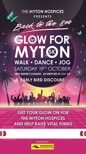 🌟 LAST CHANCE, EARLY BIRD DISCOUNT ENDING 🌟 Don your leg warmers, get the spandex out of your wardrobe, and maybe even grow a mullet for this year’s 80s themed Glow for Myton 5K and After Party! 🕺 💃 This year, we're taking our beloved Glow for Myton to new heights. Forget disco balls—welcome to an electrifying neon extravaganza! 🎉 Join us for a night of iconic 80s tunes and non-stop dancing, all in support of your local hospice. 💖 📅 On Saturday 19th October, Coventry City Centre will come