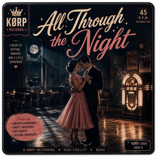 🌙 All Through the Night – KØRP A slow dance for the ones who stayed after everyone else went home. All Through the Night glows like a forgotten 45 on a chrome jukebox: warm upright bass, smoky sax, soft vinyl crackle, and two hearts moving in circles under silver moonlight. Nostalgic, intimate, and timeless, this is the kind of song that feels like a memory you can hold. #AllThroughTheNight #KORP #DooWop #VintageRomance #SlowDance