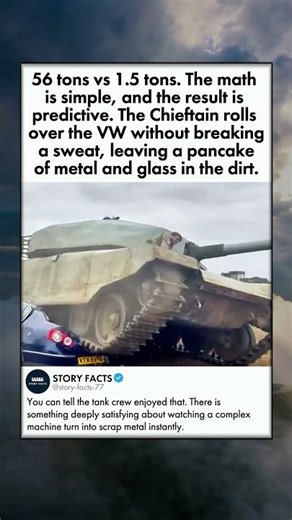 TANK FLATTENS CAR ON A DUMP