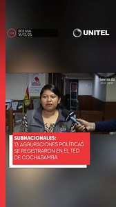 La vocal del TED Cochabamba Betsabé Merma, informó que se reportaron 11 comunicaciones formales de agrupaciones de alcance municipal y departamental, 1 de pueblo indígena originario y 1 registro que quedó bajo observación. #Unitel #Bolivia #Política #EleccionesSubnacionales #AsíDecidimos | UNITEL