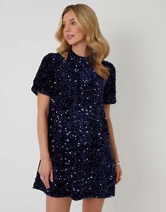Threadbare High neck sequin velour mini dress in navy | ASOS
