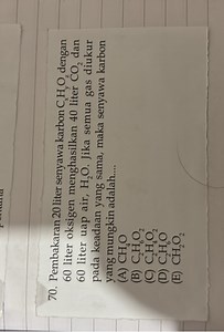 Soal:Pembakaran 20 L senyawa karbon CₓHᵧO₂ dengan 60 L O₂ men... | Filo