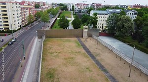 Aerial footage of Berlin Wall Memorial. Short part of original border between divided parts of city. Berlin, Germany