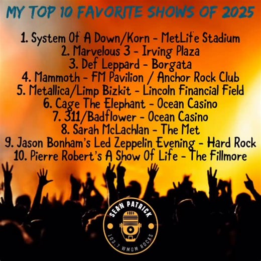 My favorite shows of 2025 🤘🏼🤘🏼 What were some of yours? @systemofadown @korn_official @butchwalker @defleppard @mammothwvh @metallica @limpbizkit @cagetheelephant @311 @badflowermusic @officialsarahmclachlan @jasonbonham @pierrerobert933 | Sean Patrick