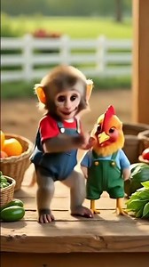 قرد صغير رضيع و ديك لطيف يرقصان #chicken #funny #birds #animals #funnychickensong #monkey #monkeysr