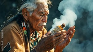 A Native American elder performing a smudging ritual to cleanse a sacred space, with smoke rising from a smudge stick Stock Video